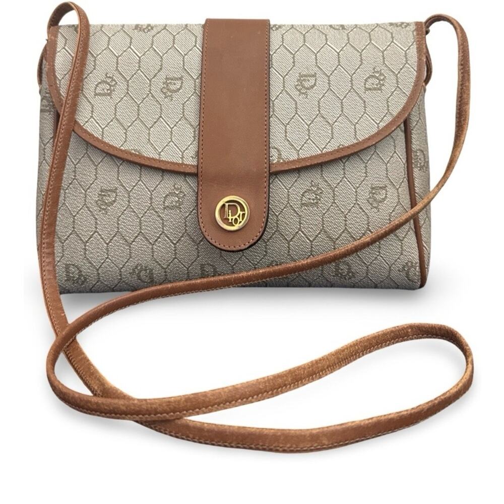 Authentic Christian Dior Vintage Honeycomb Monogram Crossbody Bag Beige Brown